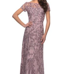 $535  LA FEMME LACE COLUMN GOWN DUSTY LILAC DRESS SIZE 16